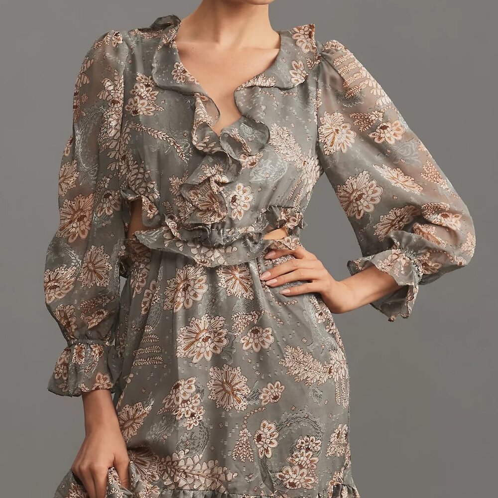 Anthropologie Floral Ruffle Midi Dress in Sage and Blush - Picture 2 of 4